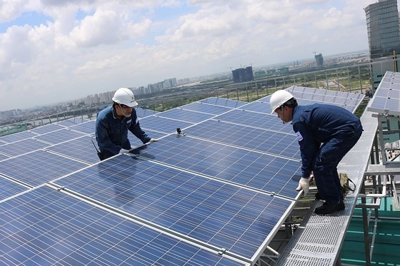 Công nhân đang lắp đặt hệ thống điện mặt trời cho một doanh nghiệp. 