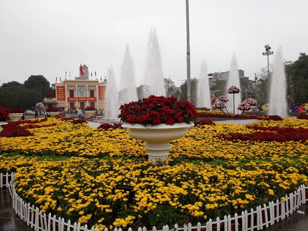  Khu vực quảng trường trước cửa nhà hát TP Hải Phòng, sắc xuân vẫn tươi thắm, trăm hoa đua sắc cùng mùa xuân