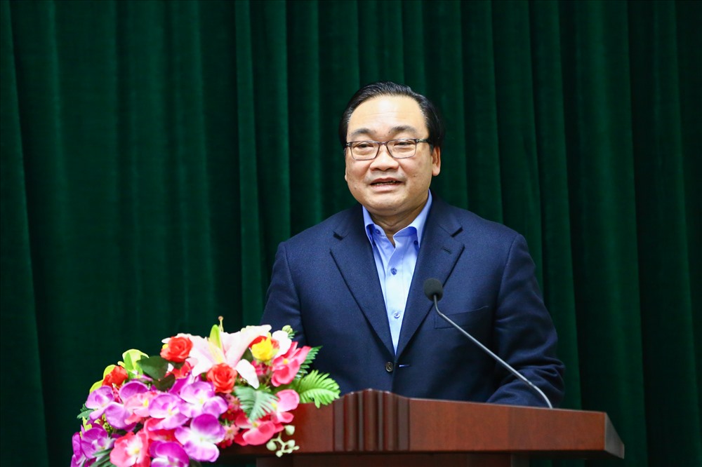 Đồng chí Hoàng Trung Hải, Ủy viên Bộ Chính trị, Bí thư Thành ủy Hà Nội phát biểu tại buổi gặp mặt CNLĐ TCty TRANSERCO. Ảnh: Sơn Tùng