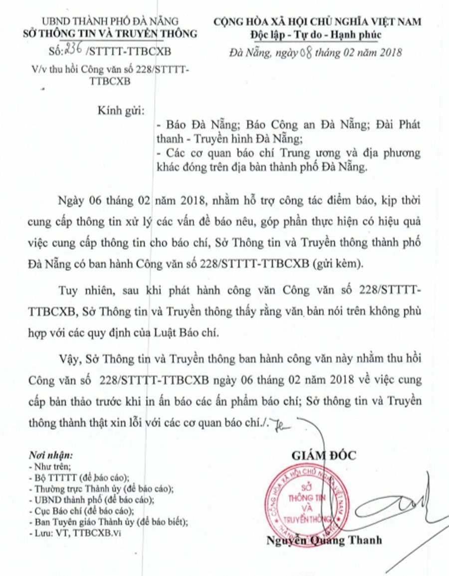 Văn bản thu hồi công văn 226 và xin lỗi của Sở TTTT Đà Nẵng.