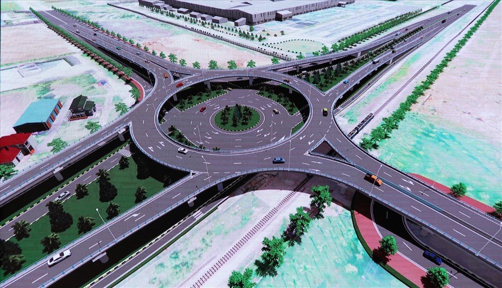 Phối cảnh dự án Nút giao thông vòng xuyến 2 tầng giữa Quốc lộ 1A và đường sắt Bắc - Nam  với đường trục chính từ cảng Chu Lai đến đường cao tốc Đà Nẵng - Quảng Ngãi. Ảnh: Thaco