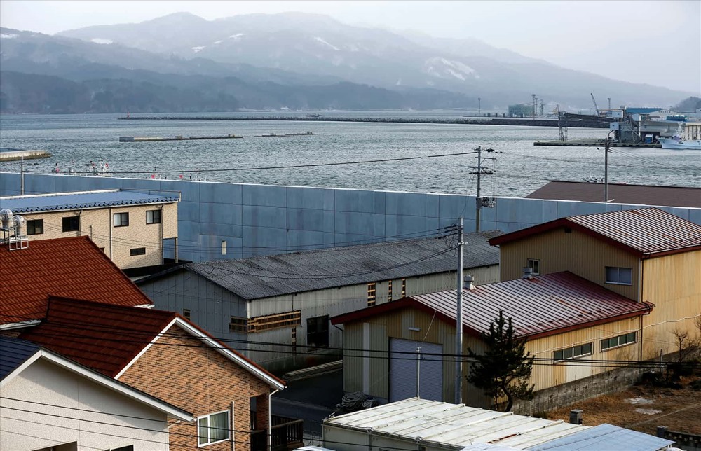 Khu nhà ở của người dân và các tòa nhà thương mại nằm ngay cạnh tường biển ở một cảng tại Miyako. Ảnh: Reuters
