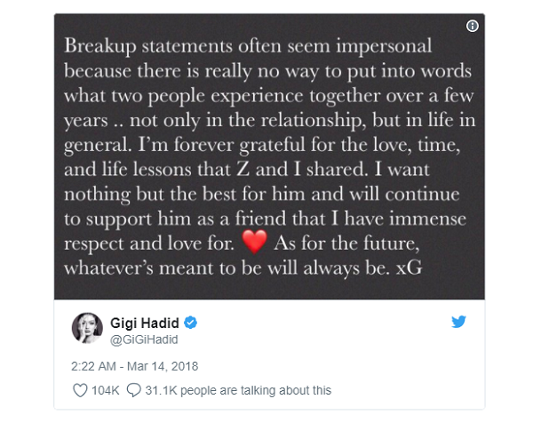 Gigi Hadid cũng thông báo thông tin này trên trang cá nhân