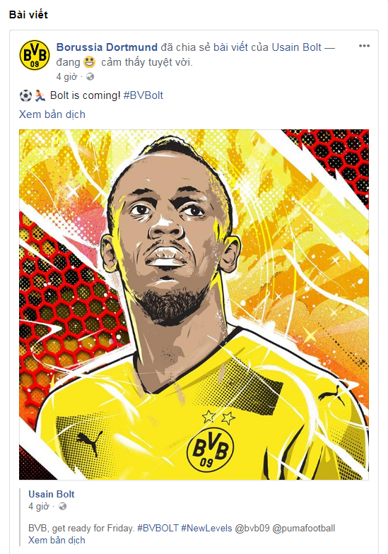 “Bolt đang tới tới BVB“. Ảnh: Facebook.