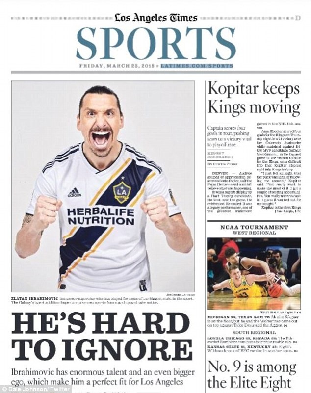 Ibrahimovic mua hẳn một trang của tờ LA Times để quảng cáo cho bản thân. Ảnh: LA Times.