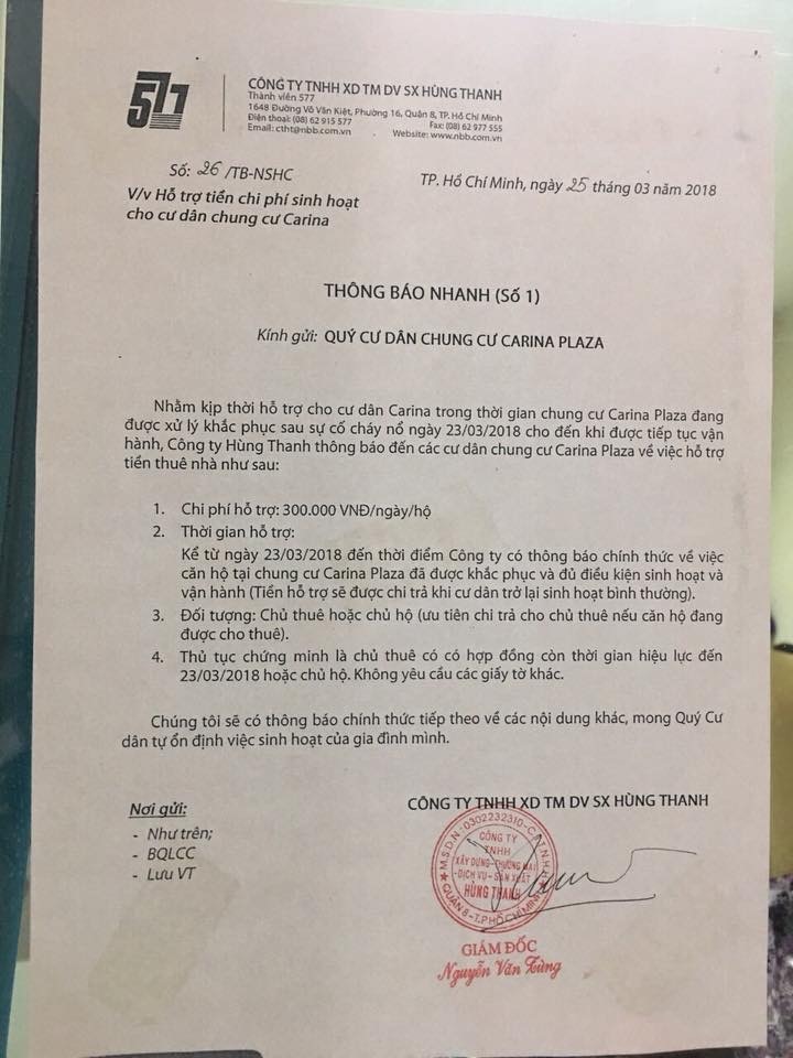 Văn bản đầu tiên của chủ đầu tư chung cư Carina Plaza, không phải lời xin lỗi, mà là thông báo “hỗ trợ tiền thuê nhà” ở thì... tương lai. Ảnh: N.M