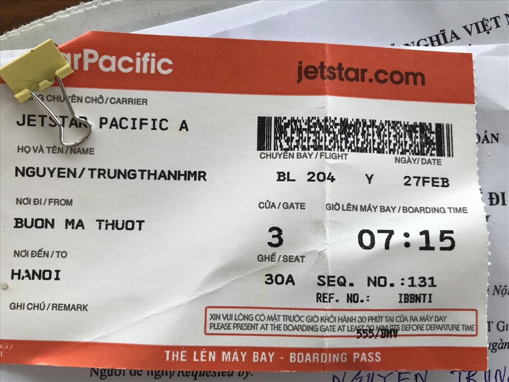 Vé máy bay do ông Thành cung cấp về chuyến công tác tại Hà Nội.