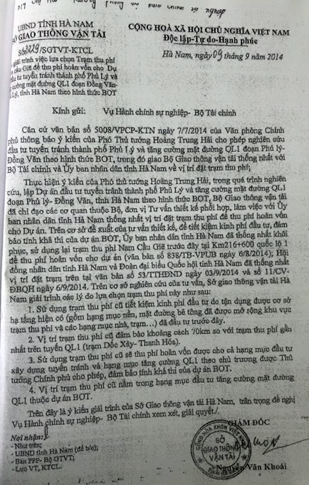 Văn bản của Sở GTVT Hà Nam giải thích lý do cho phép đặt trạm thu phí trên QL1.