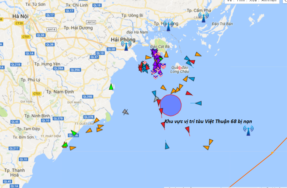 Vị trí khu vực tàu Việt Thuận 68 bị nạn. Ảnh chụp từ Hệ thống quản lý tàu AIS