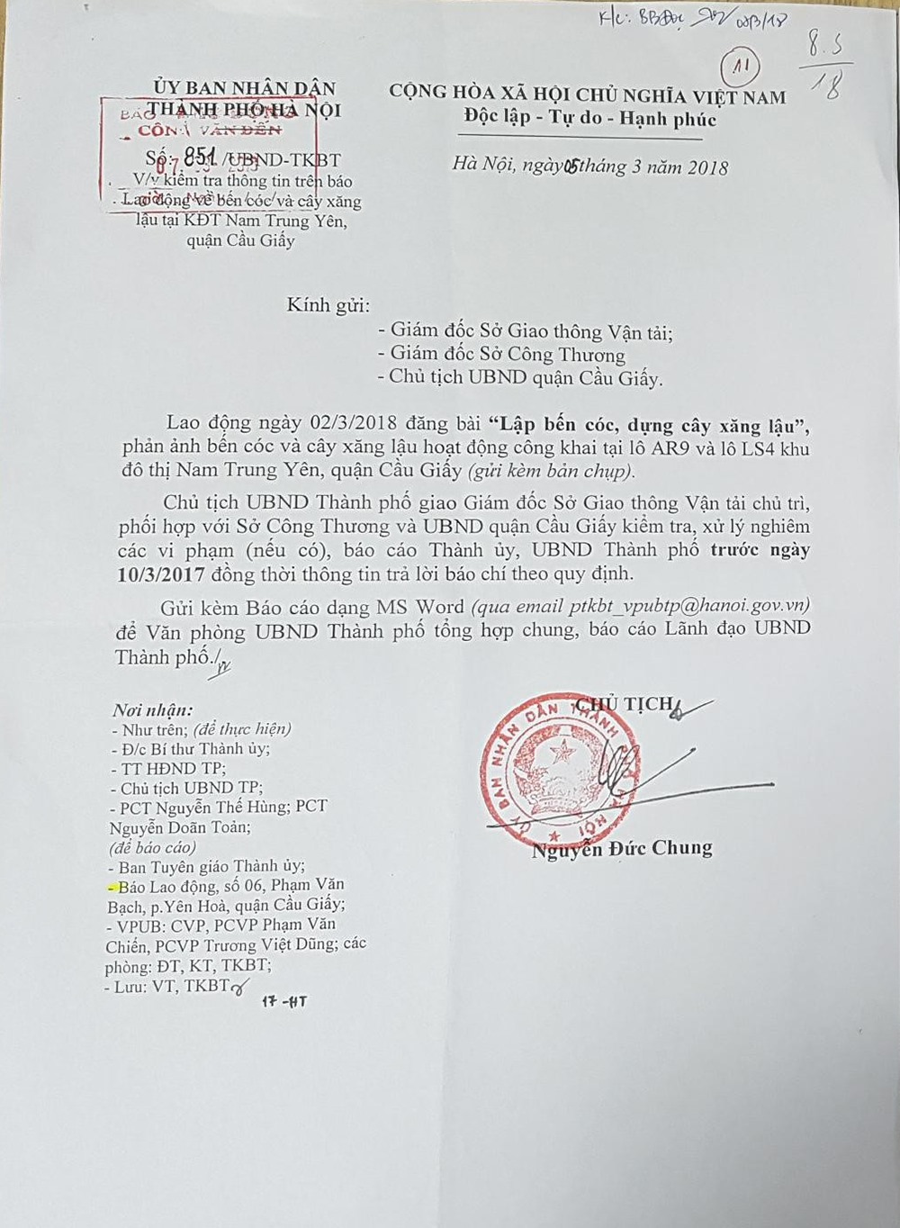 Văn bản chỉ đạo của Chủ tịch UBND thành phố Hà Nội về vụ cây xăng (dầu) trái phép.