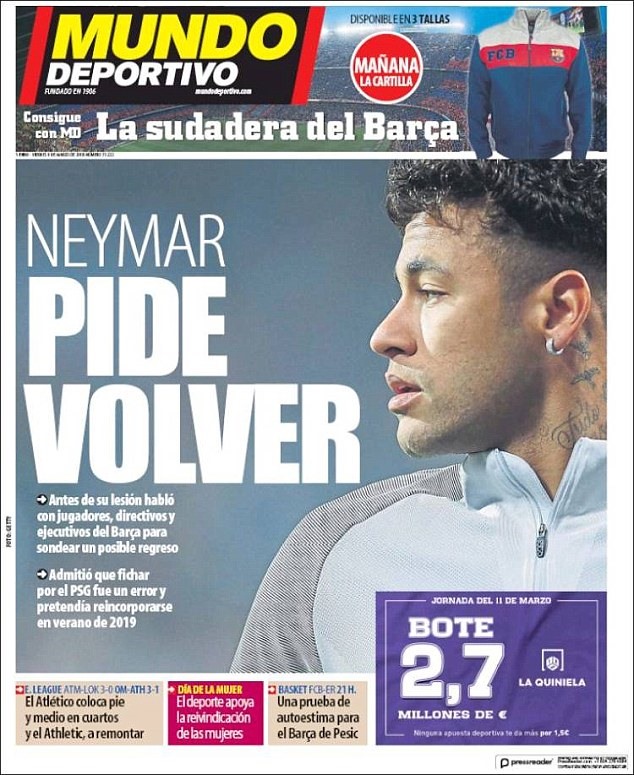 Trang bìa Mundo Deportivo số ra ngày 9.3 nêu lên thông điệp gây sốt của Neymar.