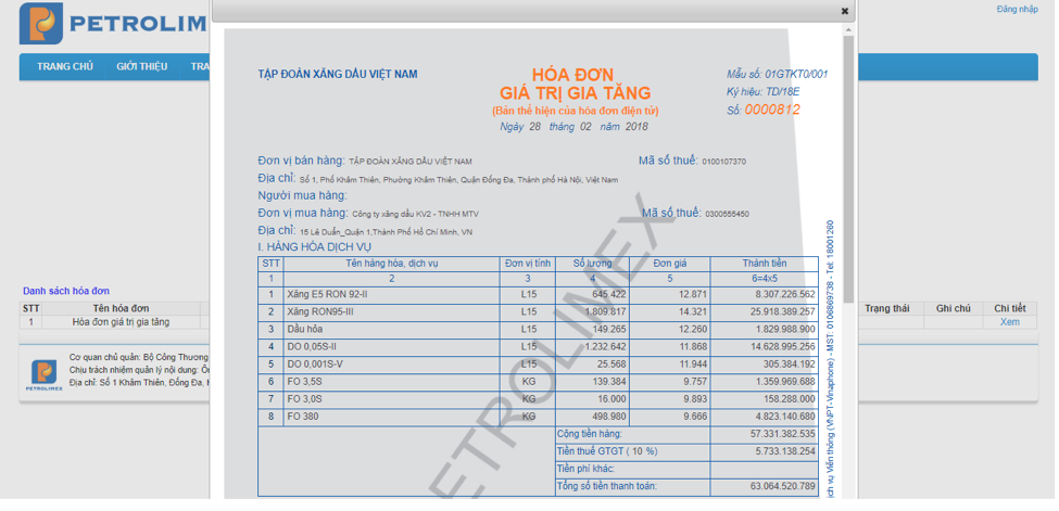 Mẫu hóa đơn điện tử của Tập đoàn Xăng dầu Việt Nam