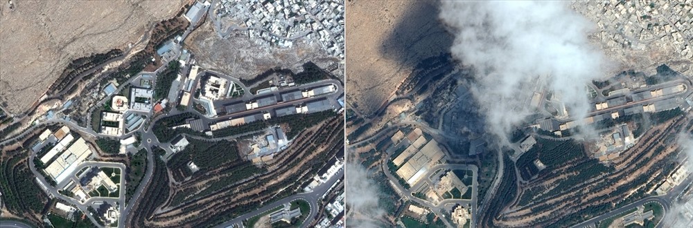 Hình ảnh vệ tinh chụp một ngày trước cuộc tấn công (trái) và ngày xảy ra vụ tấn công (phải) tại cơ sở nghiên cứu Barzeh, phía bắc Damascus. Ảnh: G.B.