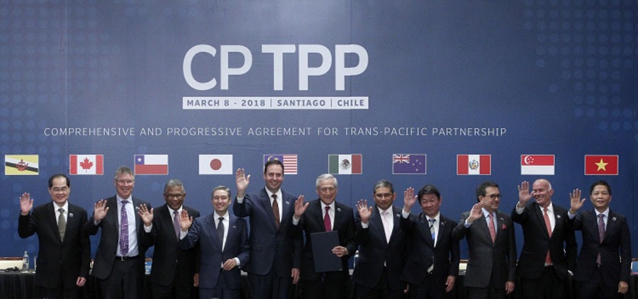 Đại diện 11 nước thành viên CPTPP chụp ảnh sau lễ ký kết Chile ngày 8.3.