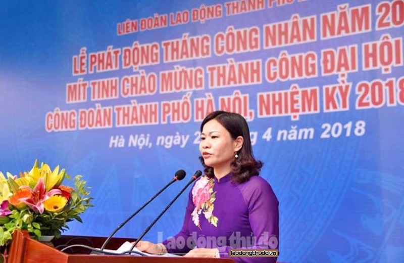 Bà Nguyễn Thị Tuyến - Ủy viên Đoàn Chủ tịch Tổng LĐLĐVN, Chủ tịch LĐLĐ TP. Hà Nội phát động Tháng Công nhân năm 2018. Ảnh: Nguyễn Công