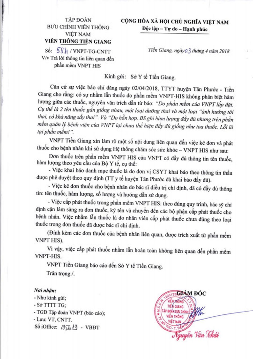 VNPT Tiền Giang khẳng định cấp nhầm thuốc không liên quan đến phần mềm VNPT.