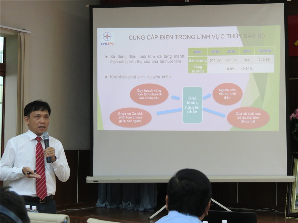 Ông Nguyễn Phước Đức trình bày giải pháp cấp điện phục vụ nhu cầu nuôi trồng thủy sản khu vực phía Nam tại Hội thảo.