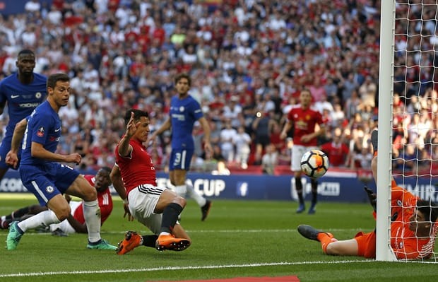 Pha ghi bàn trong thế việt vị của Alexis Sanchez (áo đỏ phía trước). Ảnh: Getty Images.