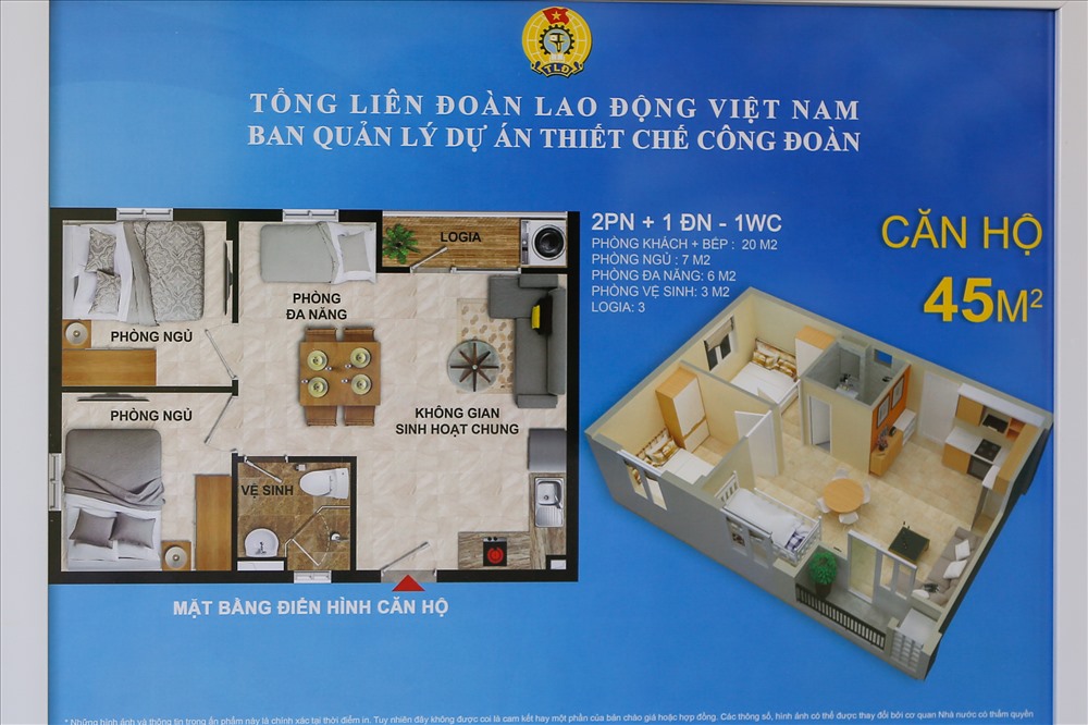 Bản thiết kế giới thiệu căn hộ 45m2 tại Khu thiết chế CĐ Hà Nam đã thu hút sự quan tâm của NLĐ. Ảnh: Sơn Tùng