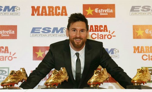 Messi và bốn Giày vàng từng giành được. Ảnh: Marca.