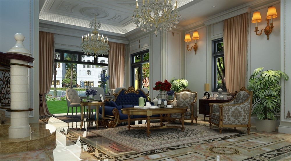 Phòng khách mang phong cách Tân cổ điển sang trọng, có một sảnh rộng với 3 góc view hướng ra sân vườn và dòng kênh xanh