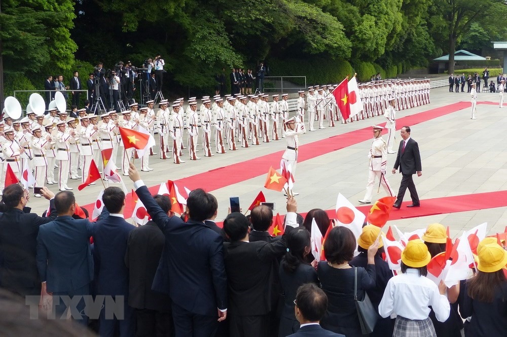 Lễ đón được tổ chức trọng thể theo nghi thức cao nhất của Hoàng gia Nhật Bản. Ảnh: TTXVN.