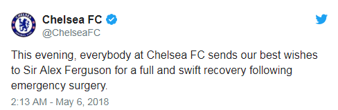 “Tối nay, tất cả mọi người tại CLB Chelsea muốn gửi tới Sir Alex Ferguson lời chúc tốt đẹp nhất. Mong ông sớm bình phục sau ca phẫu thuật“, trang chủ Chelsea.