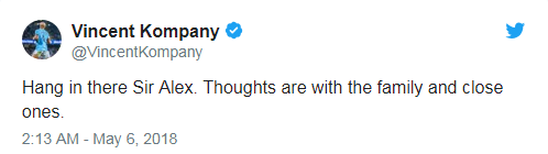 “Hãy vững vàng nhé, Sir Alex. Xin gửi lời chúc tốt lành tới gia đình ông và những người thân“, Vicent Kompany.