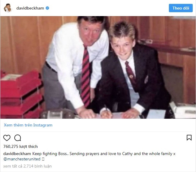 “Hãy tiếp tục chiến đấu nhé, thầy ơi! Xin gửi những lời cầu nguyện và tình yêu tới Cathy (vợ Sir Alex) cùng toàn thể gia đình“, David Beckham.