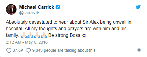 “Tâm trí tôi như vỡ vụn khi nghe tin Sir Alex đang cảm thấy không được khỏe trong bệnh viện. Tất cả suy nghĩ và sự cầu nguyện của tôi đều hướng về ông ấy và gia đình. Mau khỏe nhé, thầy ơi!“, Michael Carrick.