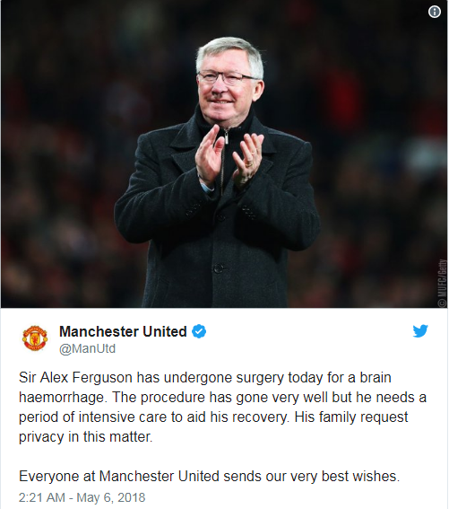 Sir Alex Ferguson đã vượt qua phẫu thuật xuất huyết não ngày hôm nay. Ca mổ đã rất tốt nhưng ông cần một thời gian chăm sóc đặc biệt để giúp hồi phục. Sự riêng tư của ông và gia đình cần trong lúc này.  Tất cả mọi người tại Manchester United gửi lời chúc tốt đẹp nhất của mình.