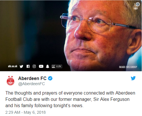 “Tất cả những lời chúc sức khỏe và lời cầu nguyện từ Aberdeen FC xin được gửi tới ông, người cựu thuyền trưởng Sir Alex Ferguson. Gia đình ông sẽ tiếp tục theo dõi sức khỏe của Sir Alex và đưa ra thông báo vào tối nay“, trang chủ của CLB Aberdeen thông báo.