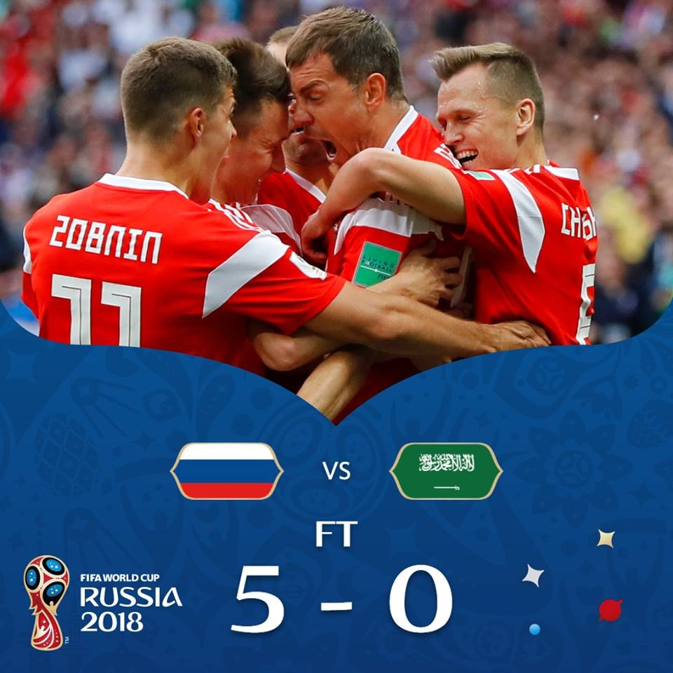 Chiến thắng 5-0 của ĐT Nga trước Saudi Arabia là trận khai mạc World Cup có tỉ số đậm nhất. Ảnh: FIFA