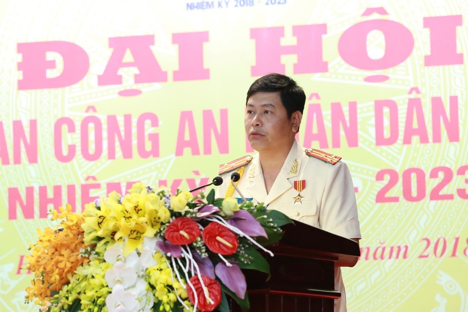 Trung tá Vũ Mạnh Hà - Chủ tịch CĐ CAND khóa IV phát biểu khai mạc Đại hội V CĐ CAND. Ảnh: Hải Nguyễn 