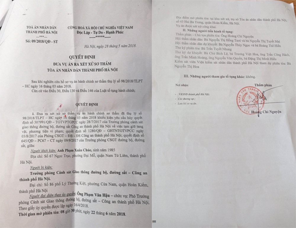 Quyết định xét xử vụ án của Tòa án nhân dân TP Hà Nội.