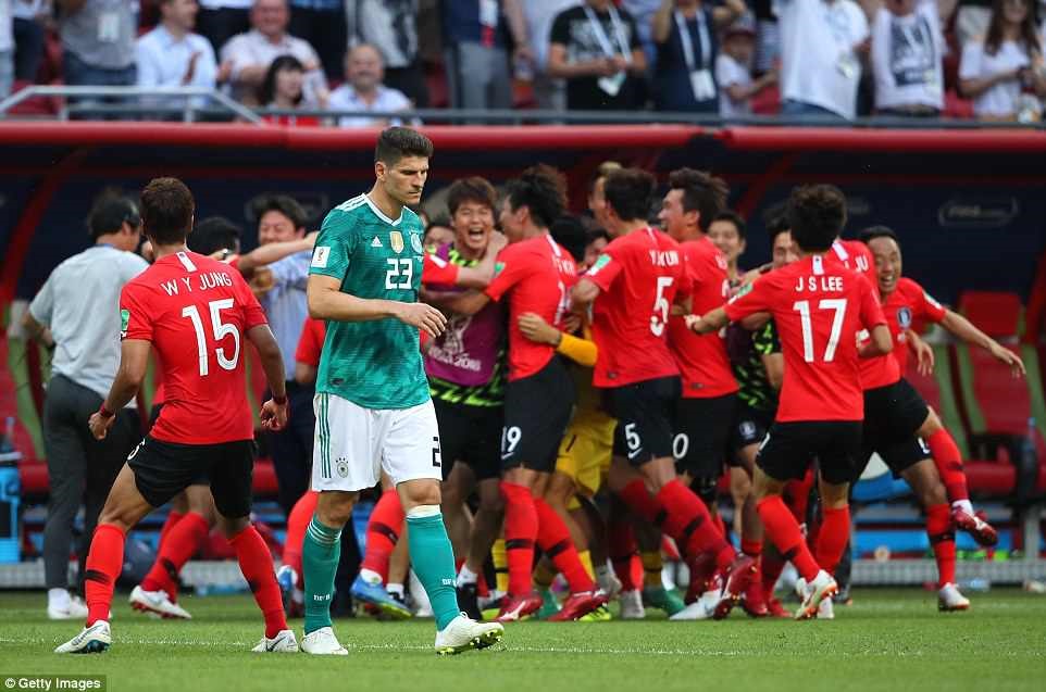 Sự thất vọng của Mario Gomez (áo xanh) đối lập với niềm vui của các cầu thủ Hàn Quốc. Ảnh: Getty Images.