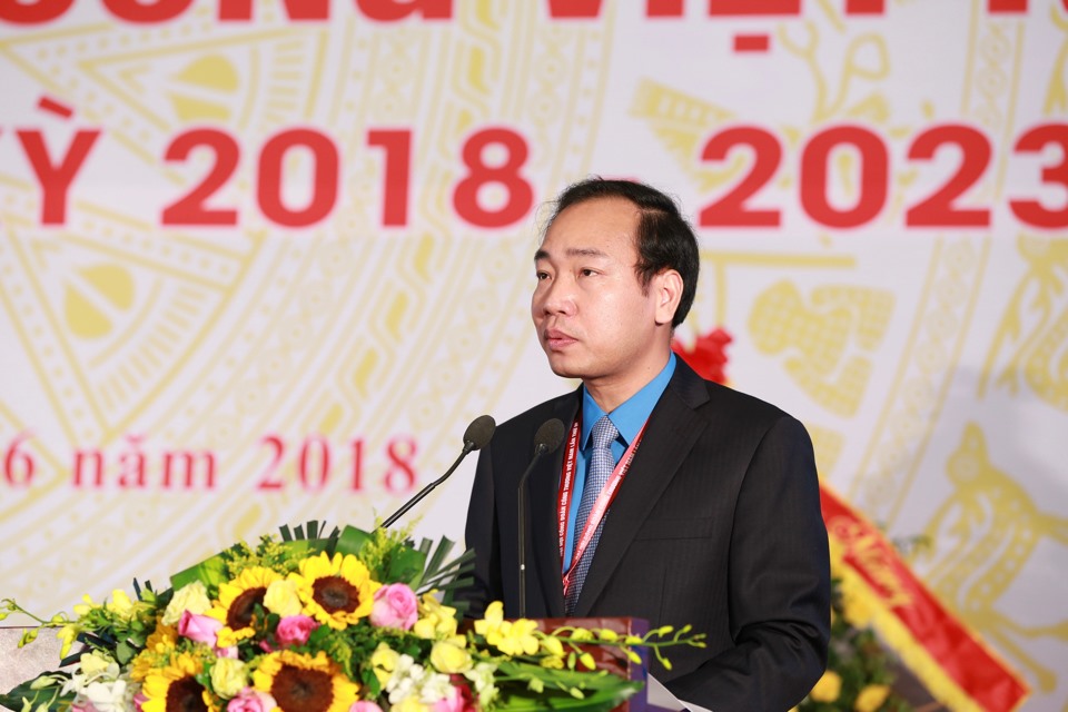 Ủy viên Đoàn Chủ tịch, Chủ tịch Công đoàn Công thương Việt Nam Trần Quang Huy phát biểu tại Đại hội. Ảnh: Hải Nguyễn