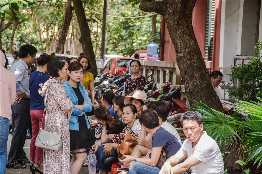 Thời tiết nắng nóng, nhiều phụ huynh chọn những gốc cây làm địa điểm đợi con.