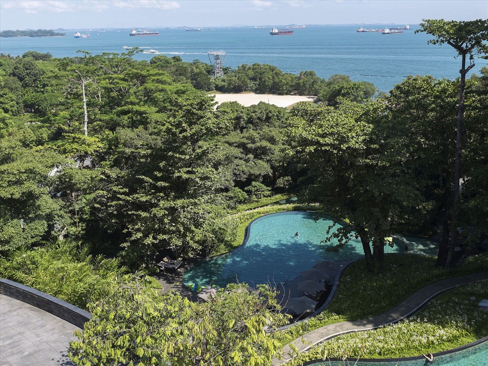 Quang cảnh tuyệt đẹp của eo biển Singapore nhìn từ khách sạn Capella. Ảnh: Sky News