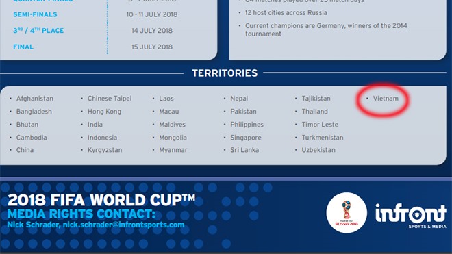 Trên trang  trang web của Infront Sports & Media, Việt Nam là nước cuối cùng đã mua được bản quyền World Cup 2018.