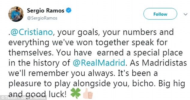 Dòng tweet tri ân của Ramos dành cho Ronaldo.