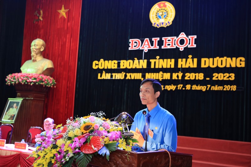 Chủ tịch LĐLĐ tỉnh Hải Dương Mai Xuân Anh phát biểu khai mạc Đại hôi. Ảnh: Hải Nguyễn