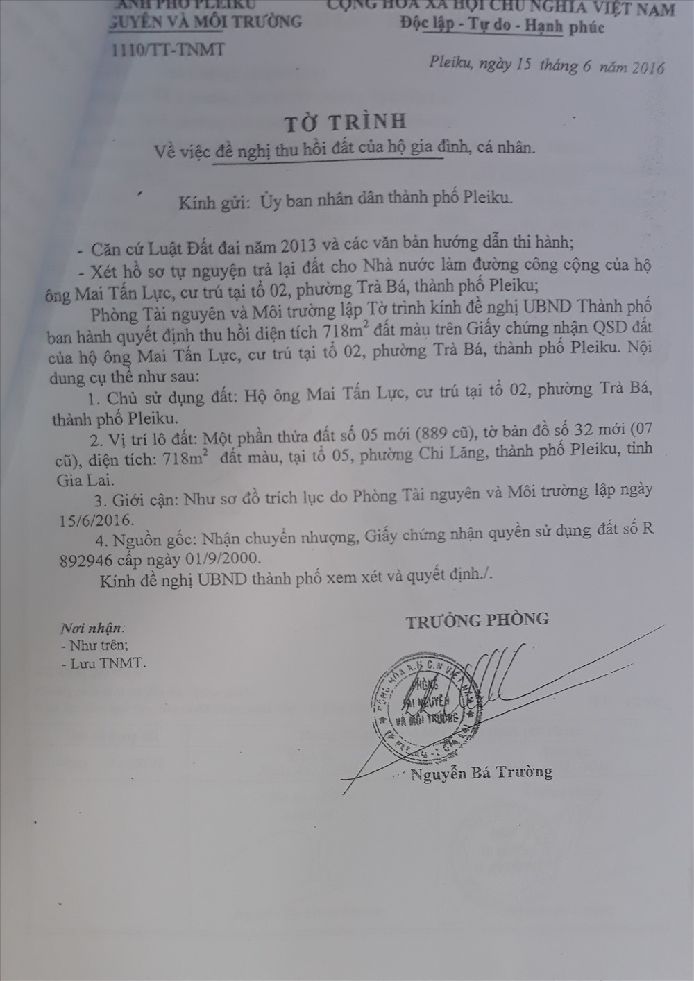 Trưởng phòng TNMT TP.Pleiku Nguyễn Bá Trường ký hàng chục văn bản tham mưu cho phép các cá nhân “hiến đất” mở đường làm khu quy hoạch.