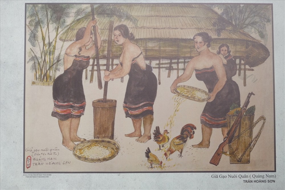 Bức ký họa “Giã gạo nuôi quân” của họa sĩ Trần Hoàng Sơn