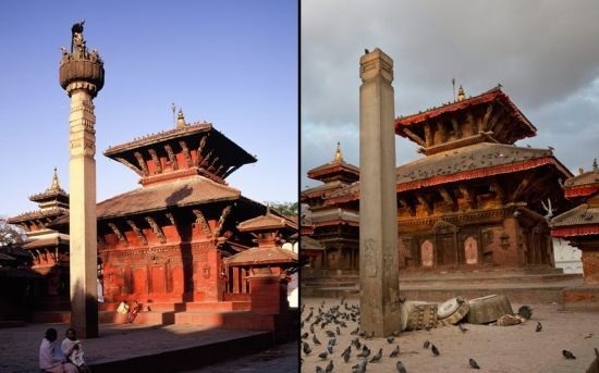 : Bức tượng Graud trên đỉnh cột giữa quảng trường Basantapur Durbar cũng “ra đi” theo trạn động đất. Ảnh: emdep.vn