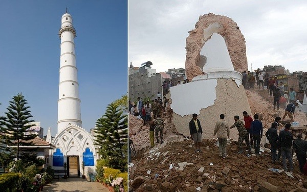 Tháp Dharahara trước và sau khi bị phá hủy. Ảnh: Vietnam Plus