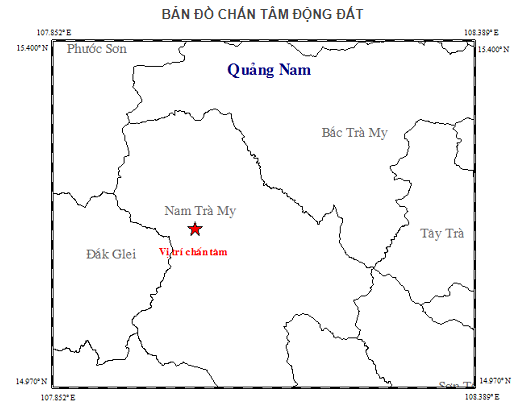 Bản đồ tâm chấn động đất diễn ra cùng ngày thuộc huyện Nam Trà My. Ảnh: Viện Vật lý Địa cầu
