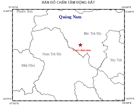 Bản đồ tâm chấn động đất tại huyện Bắc Trà My. Ảnh: Viện Vật lý Địa cầu