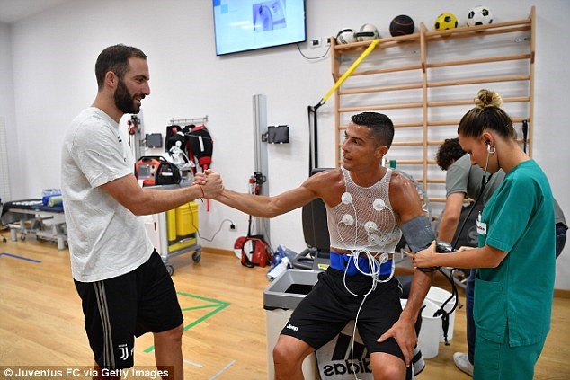 Ronaldo gặp lại người đồng đội cũ Higuain. Trước đây, bộ đôi này từng chơi cho Real Madrid. Ảnh: Getty.