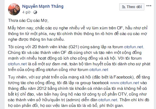 Ông Nguyễn Mạnh Thắng lên tiếng.